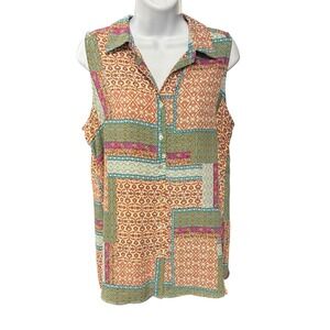 Rose + Olive Women M Sleeveless Patchwork Print Collared Button Up Shirt Blouse